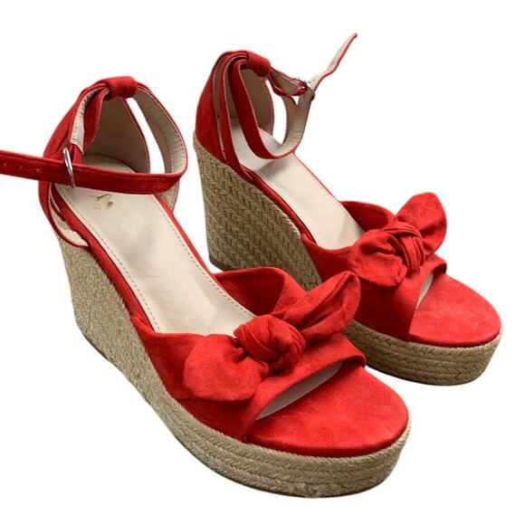 ZBY Womens Size 7.5 Red Faux Suede 4" Wedge Heel Espadrille Open Toe Shoes - Picture 1 of 7